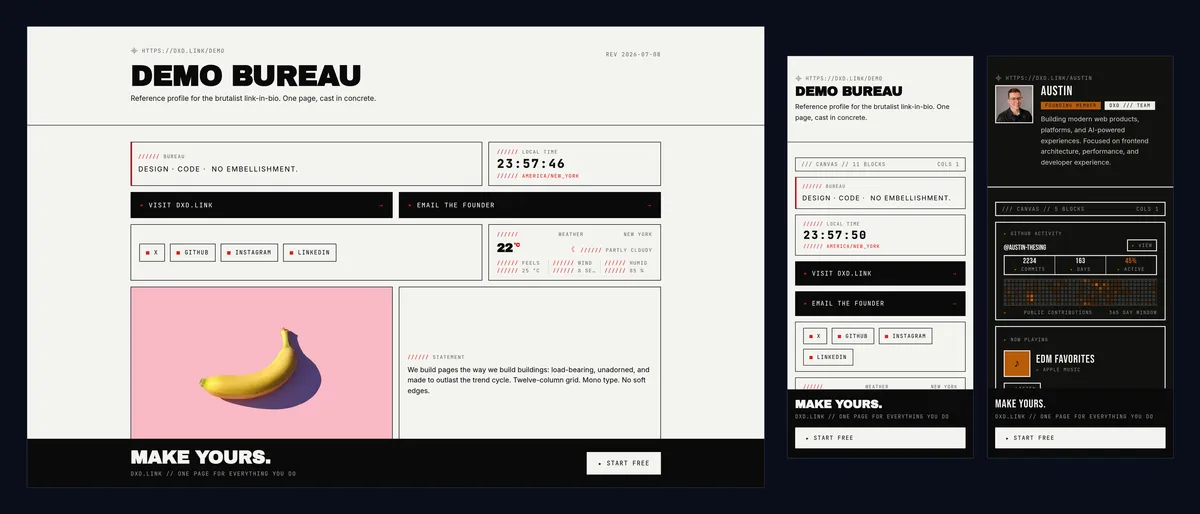 Published dxd.link profiles — the demo profile at desktop and phone width, and a personal profile on a phone