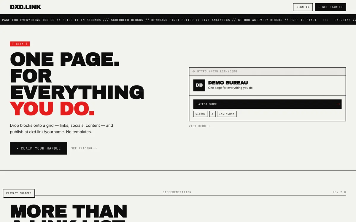 Screenshot of the dxd.link website